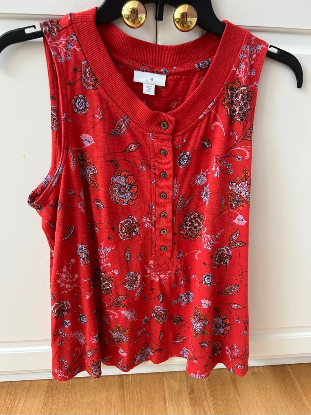 J. Jill Red Floral Henley Sleeveless Tank PM